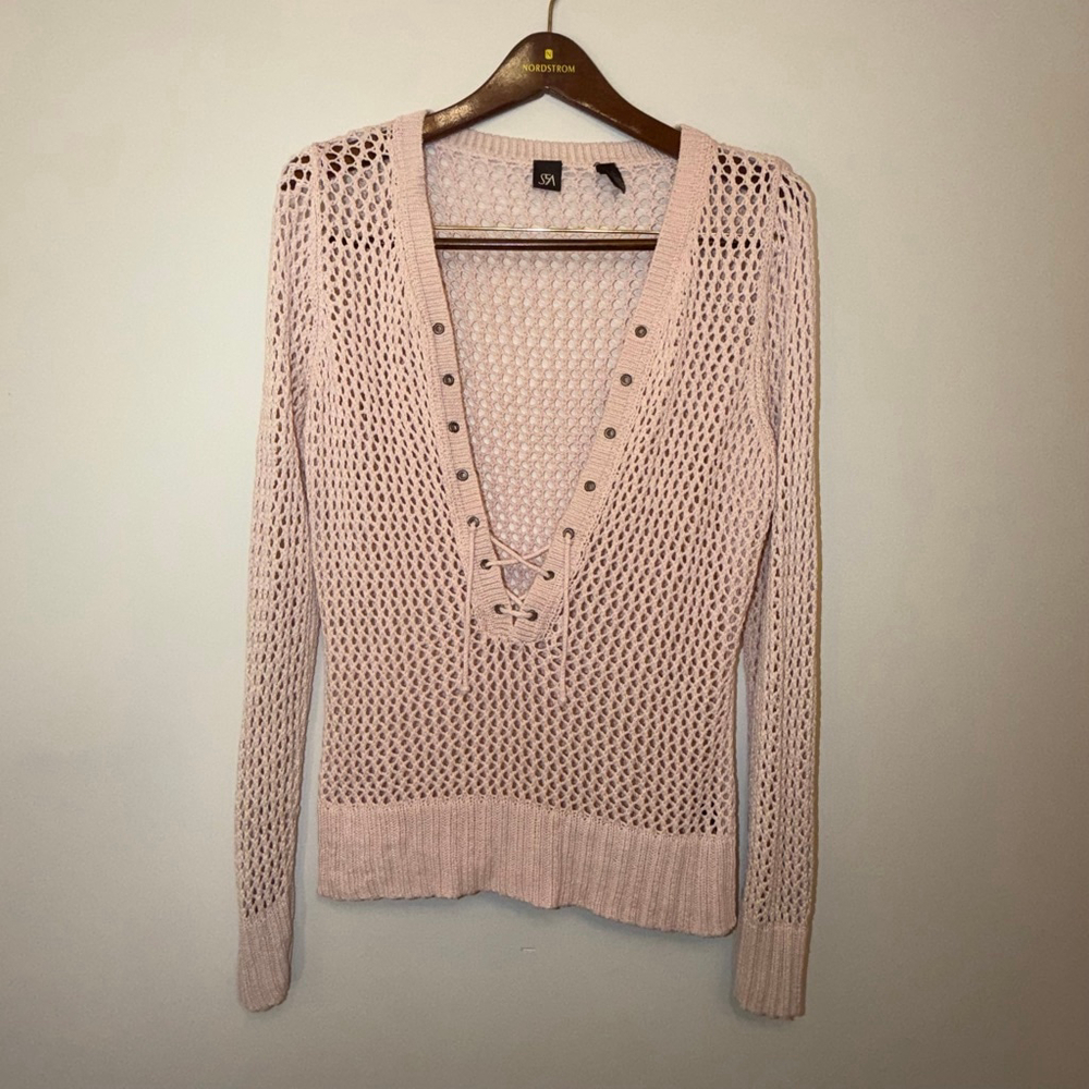 S5A Saks Fifth Avenue 100% Silk Crochet Lace Up Sweater Top Nude Blush Large